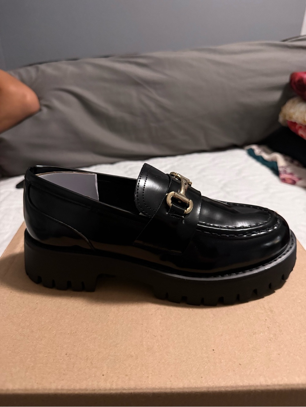 Steve Madden Black Patent Lug Sole Loafer with Gold Bit